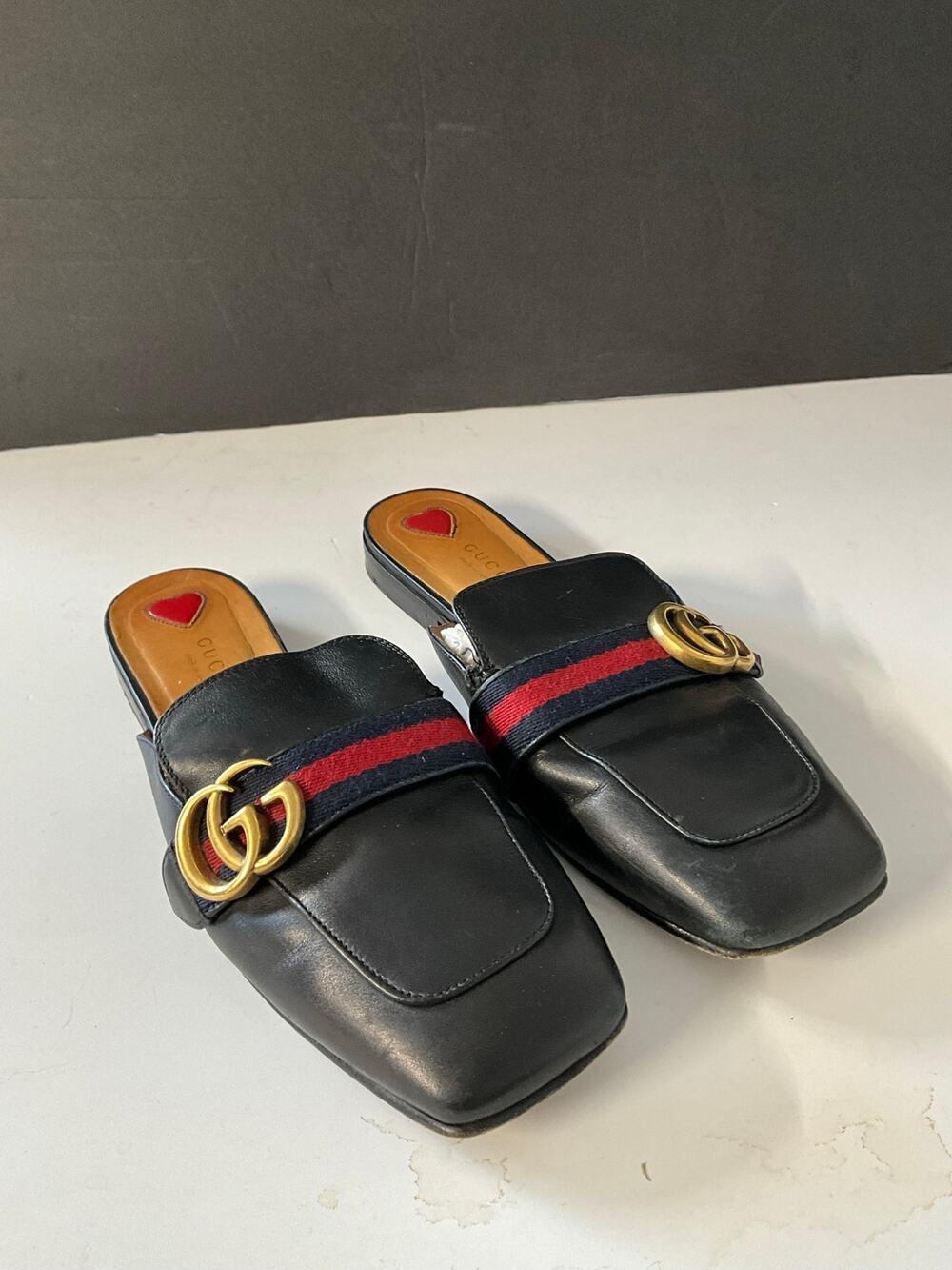 Gucci Peyton Black Leather Web GG Mule Loafers Slides Size 38